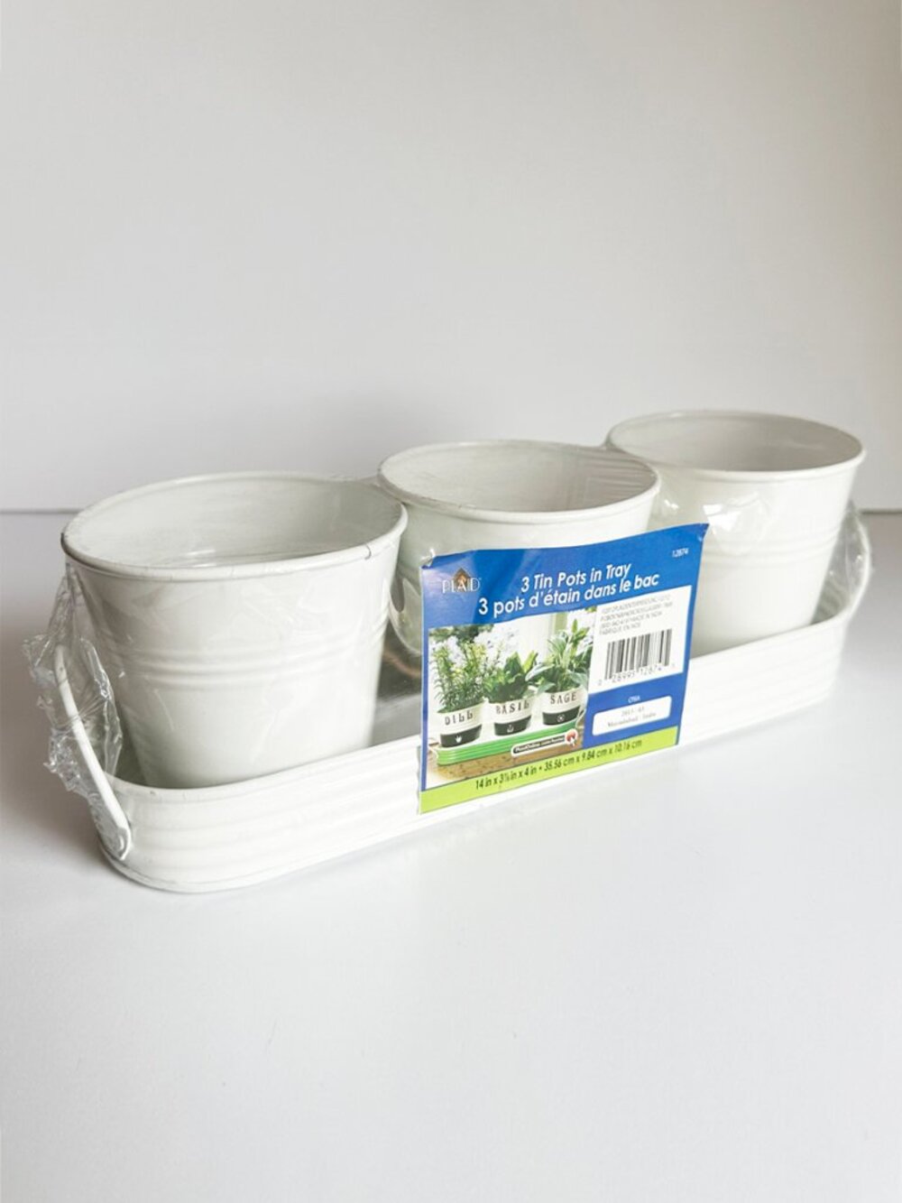 Flowerpots Set of 3 White Round Metal Pots in Tray Herb Garden Planter Set